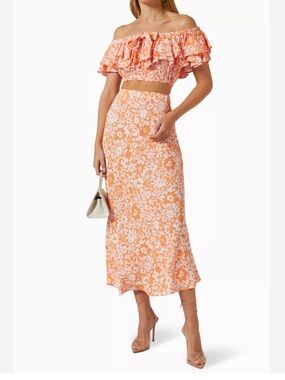 MINKPINK Peach-Orange Floral Midi Skirt and crop top set